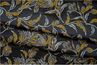 Gold Thread Jacquard Fabric: 3D Embossed Floral Woven Upholstery - 62"W