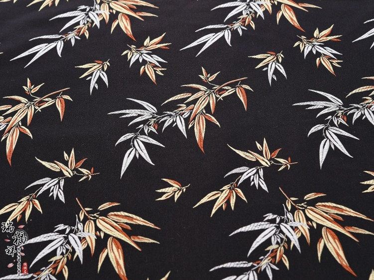 Black Bamboo Leaves Silk Brocade Fabric: Costume & Decor