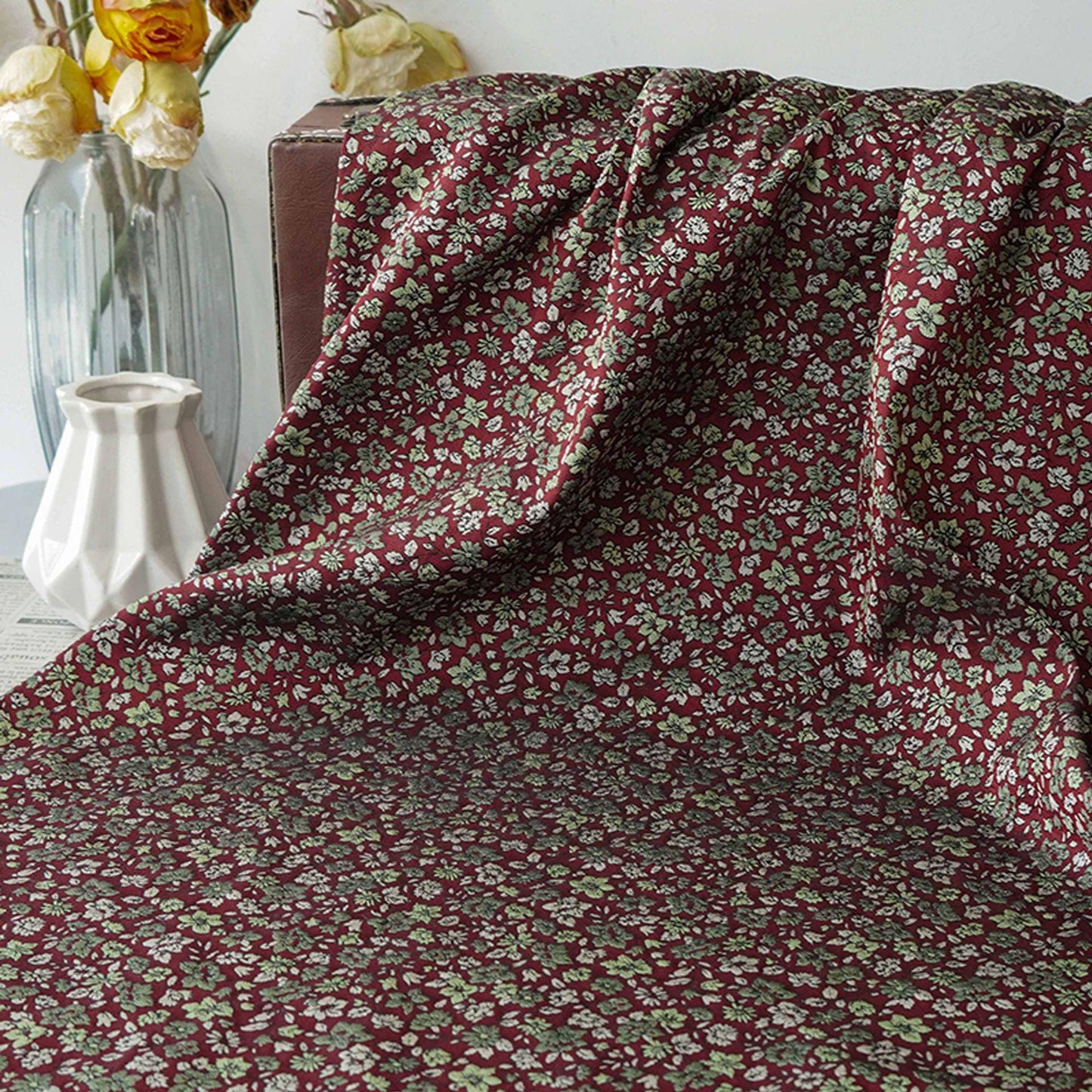 Red Mini Floral Jacquard Fabric: Countryside Style, 58" Wide