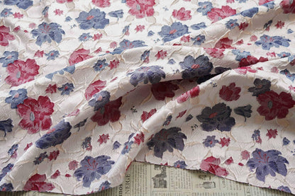 Reversible Jacquard Woven Fabric: Blue Red Embossed Flower, 60" Wide
