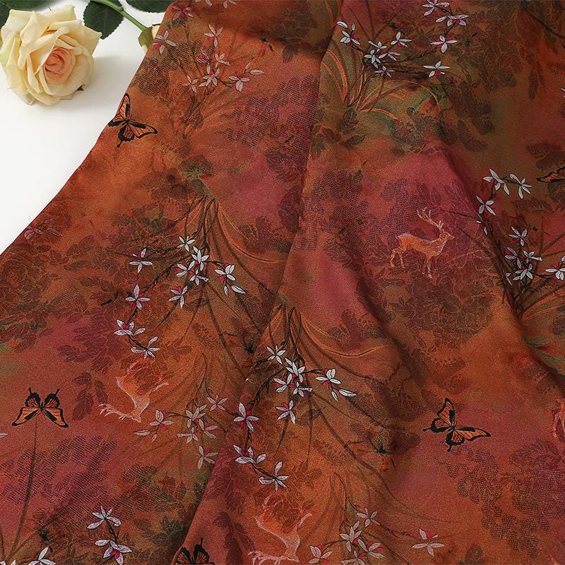 Butterfly Bamboo Tea Silk Satin Fabric: 59"W Upholstery, Costume, Cheongsam