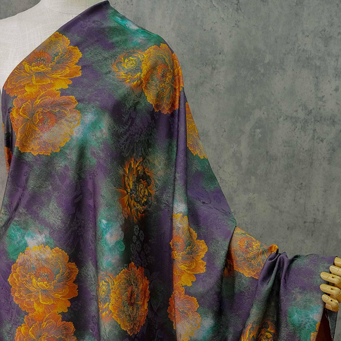 Floral Tea Silk Satin Fabric: Dark Green Upholstery, Costume, Drapery (59"W)