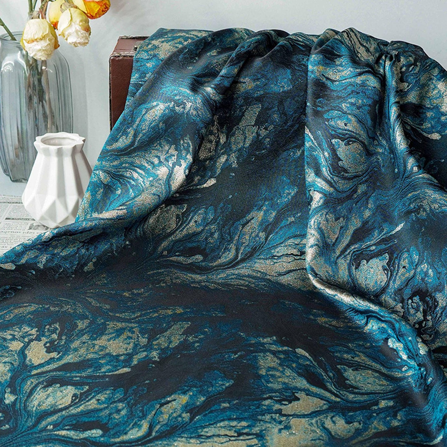Gilded Marble Jacquard Fabric with Gold & Silver Threads ��� Luxury Brocade for Upholstery, Curtains, Fashion, D"Wide