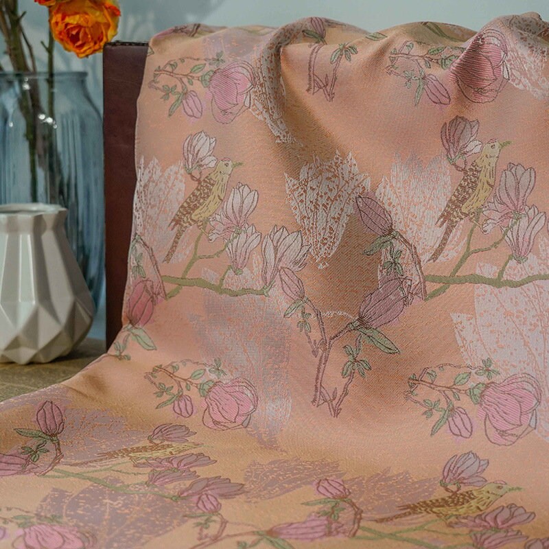 Orange Pink Bird Pattern Jacquard Woven Fabric: 60"W Upholstery