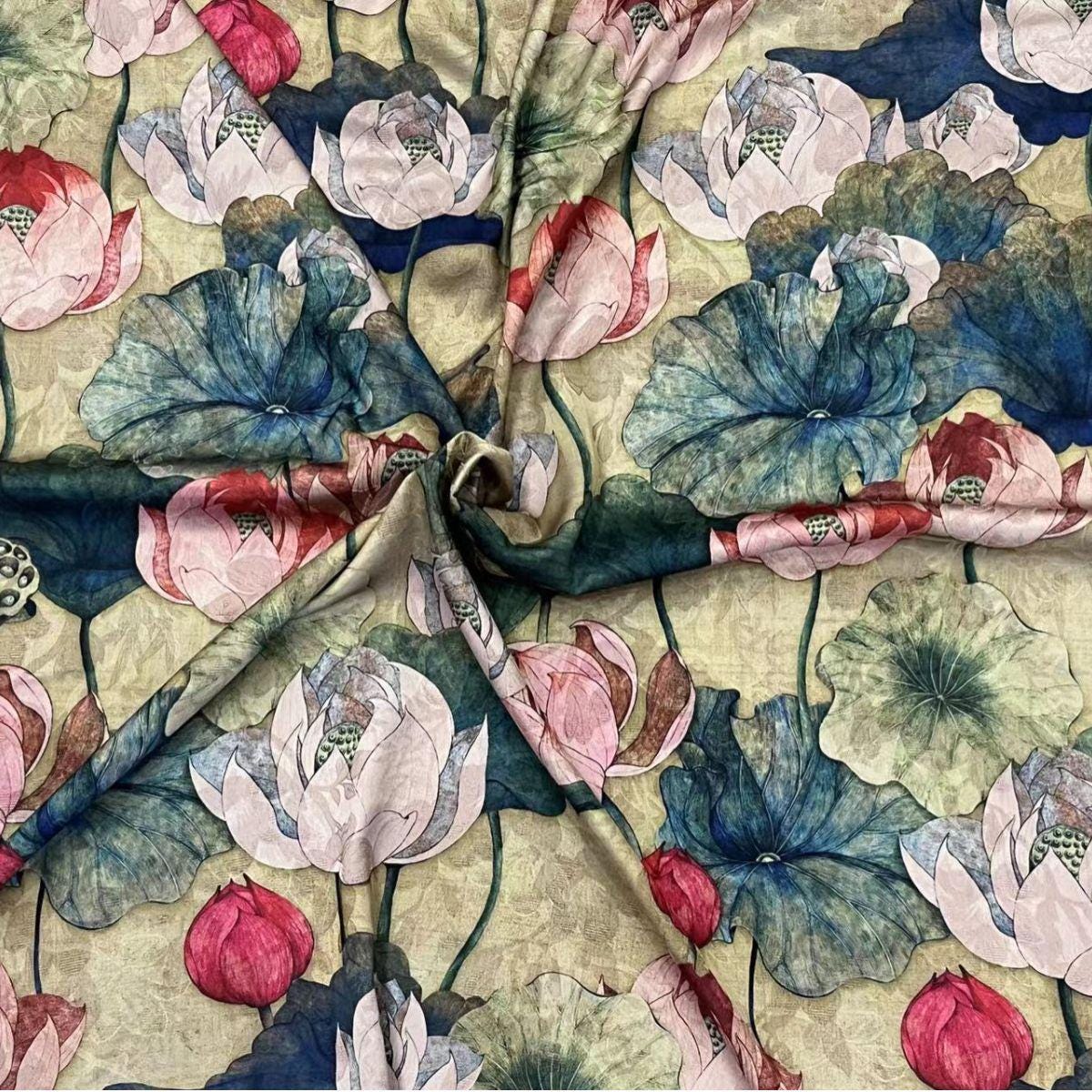 Tissu satin de soie imprimé lotus - 150 cm de large - Ameublement et costumes