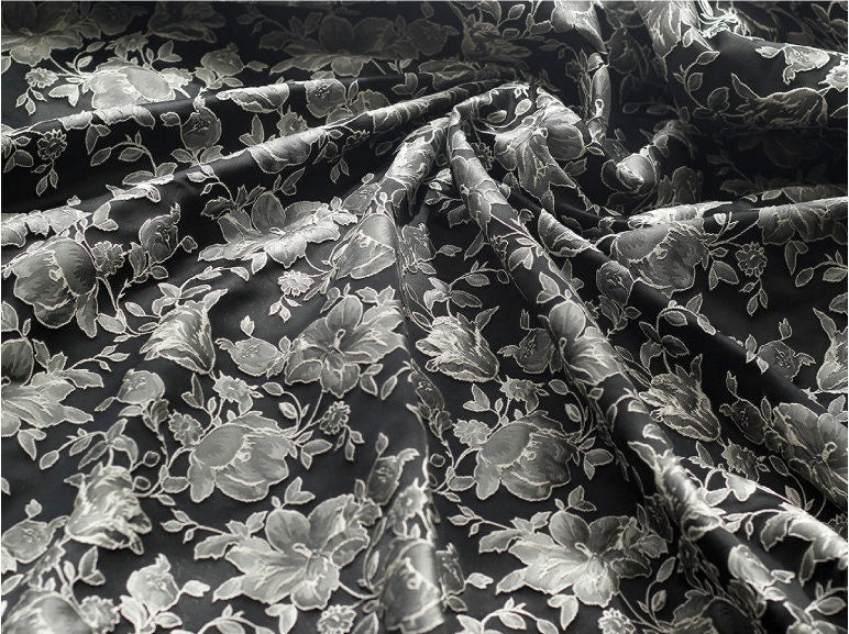 Black & White Floral Jacquard Fabric: Embossed 3D Design, 52" Wide