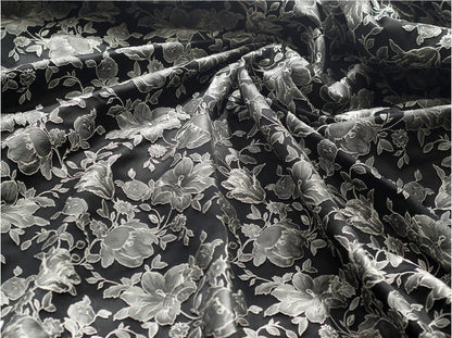 Black & White Floral Jacquard Fabric: Embossed 3D Design, 52" Wide