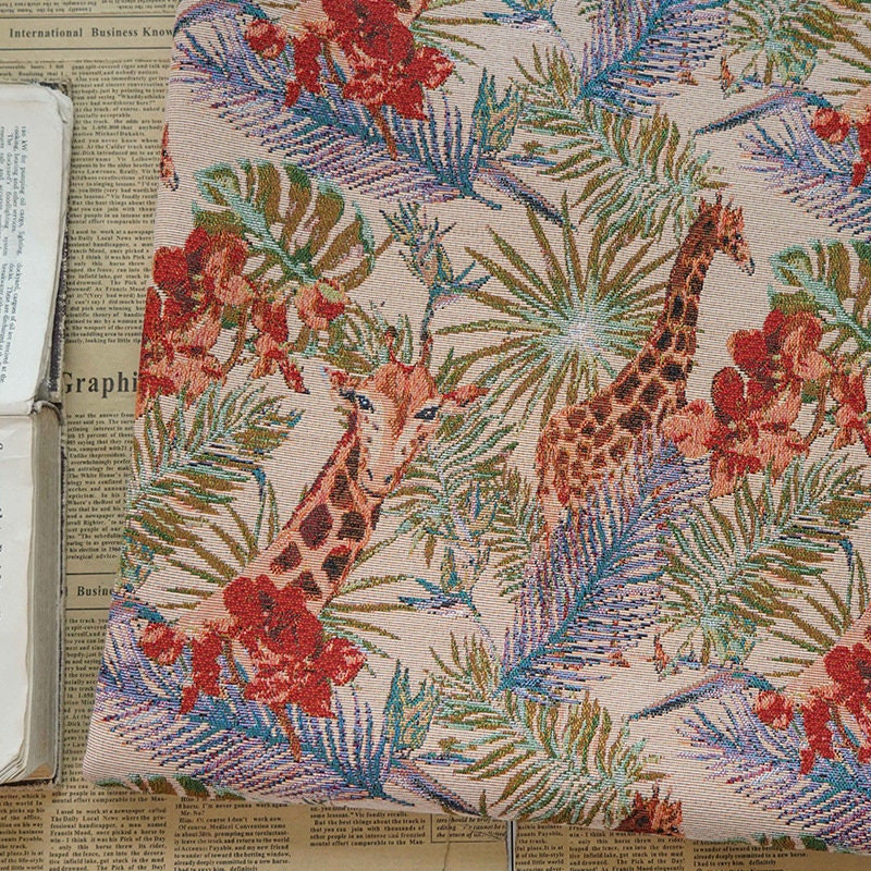 Giraffe Zoo Jacquard Fabric: Autumn Upholstery & Sewing Material