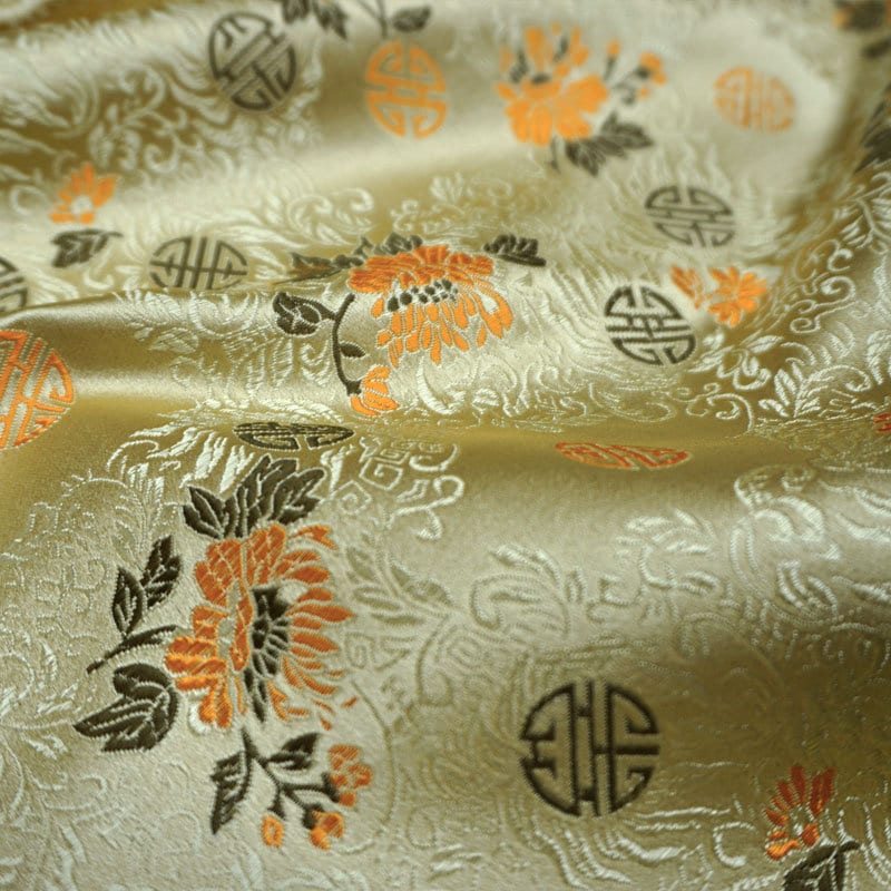 Tissu brocart chinois rouge et or | Motif Fu et Shou, 75 cm de large
