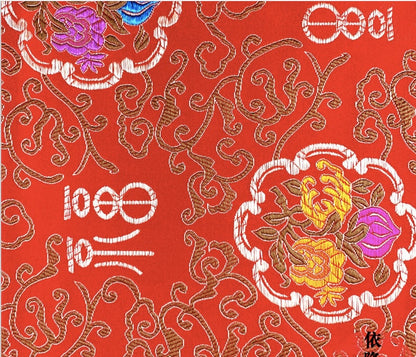 Tissu brocart pêche de longévité chinois : rayonne rouge et or, 75 cm de large