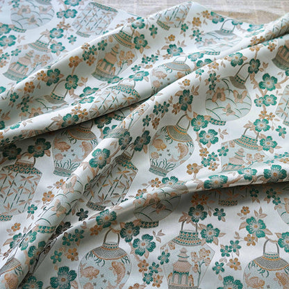 Jacquard Brocade Fabric: Chinese Floral Vase Design, 65" Wide