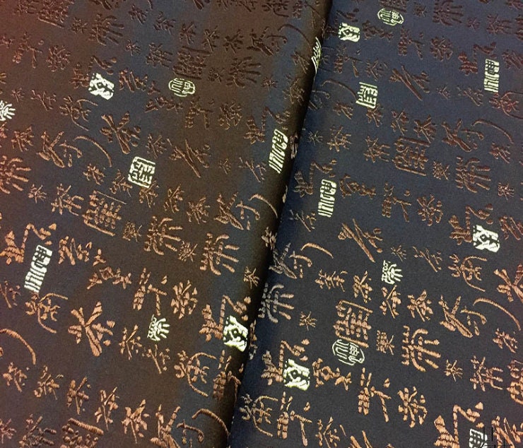 Chinese Calligraphy Silk Brocade Fabric: Tea Design, Upholstery & Sewing (29.5"/35"W)