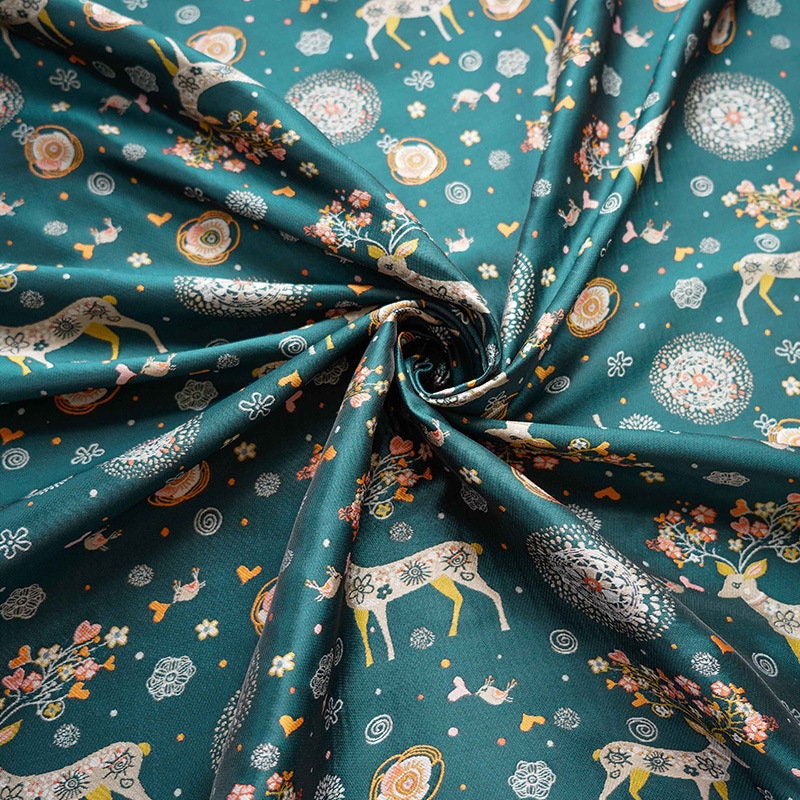 Dark Green Reindeer Damask Jacquard Fabric: 62"W Yarn-Dyed Polyester