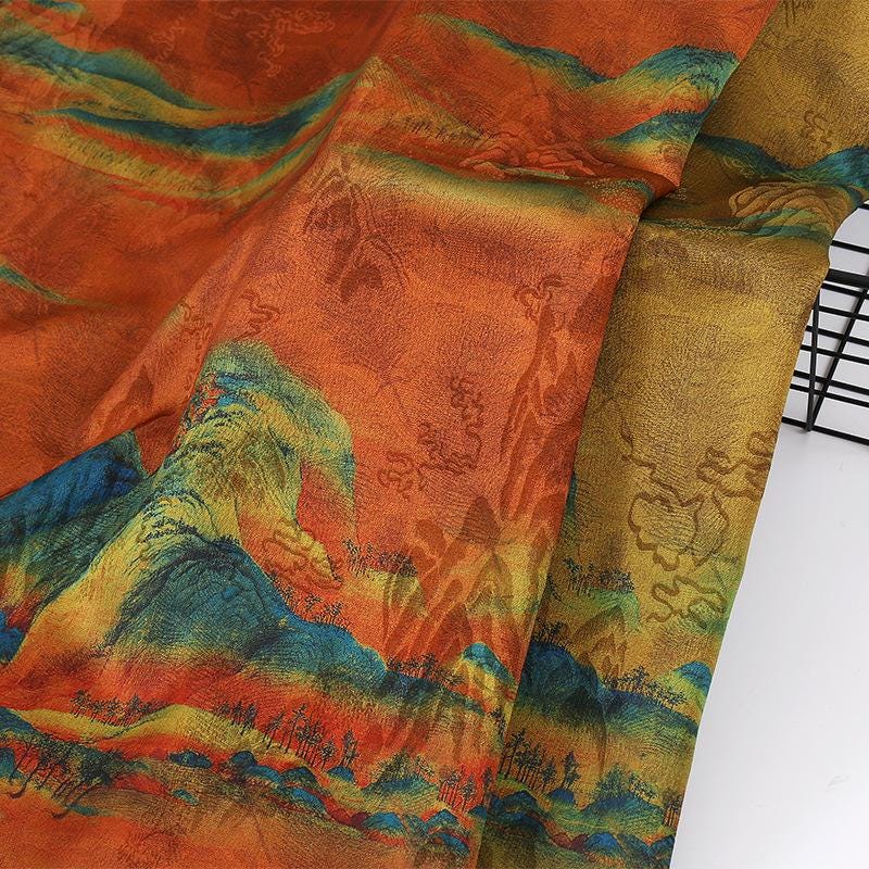 Mountain Print Tea Silk Satin Fabric: 59"W Upholstery & Costume