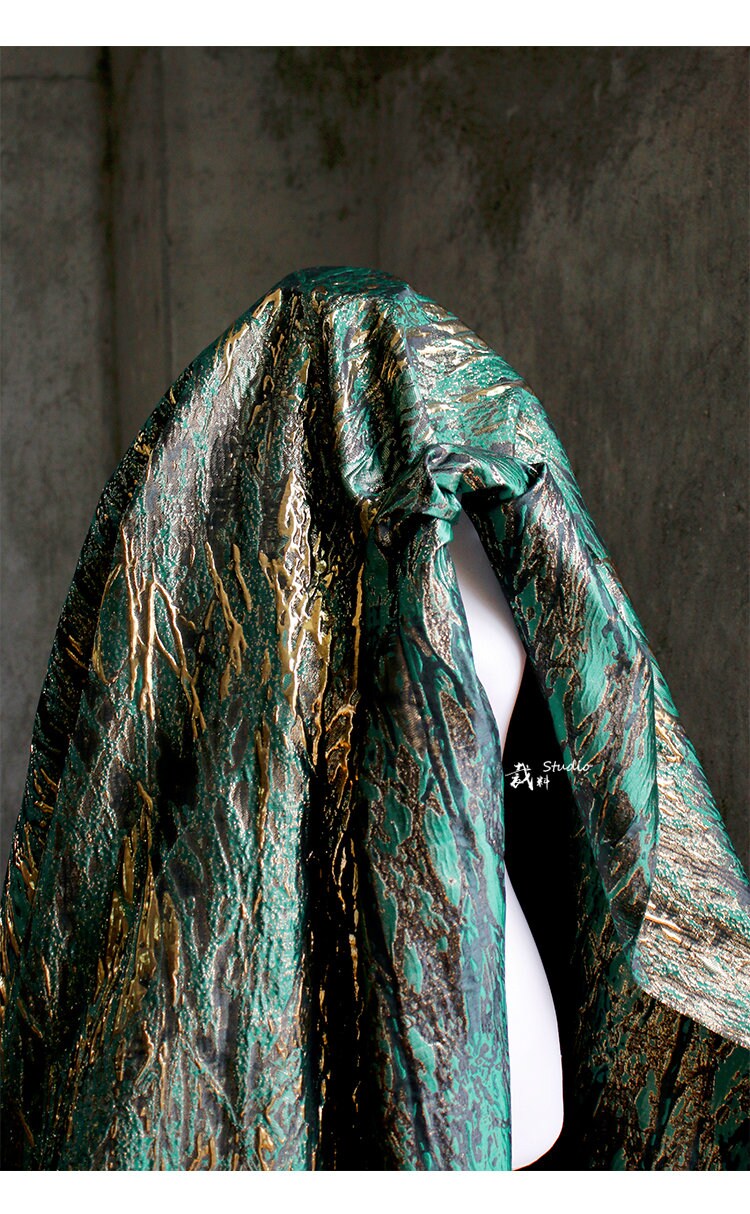 Medieval Green Gold Jacquard Fabric: Shiny Texture, Upholstery & Sewing, 56" Wide