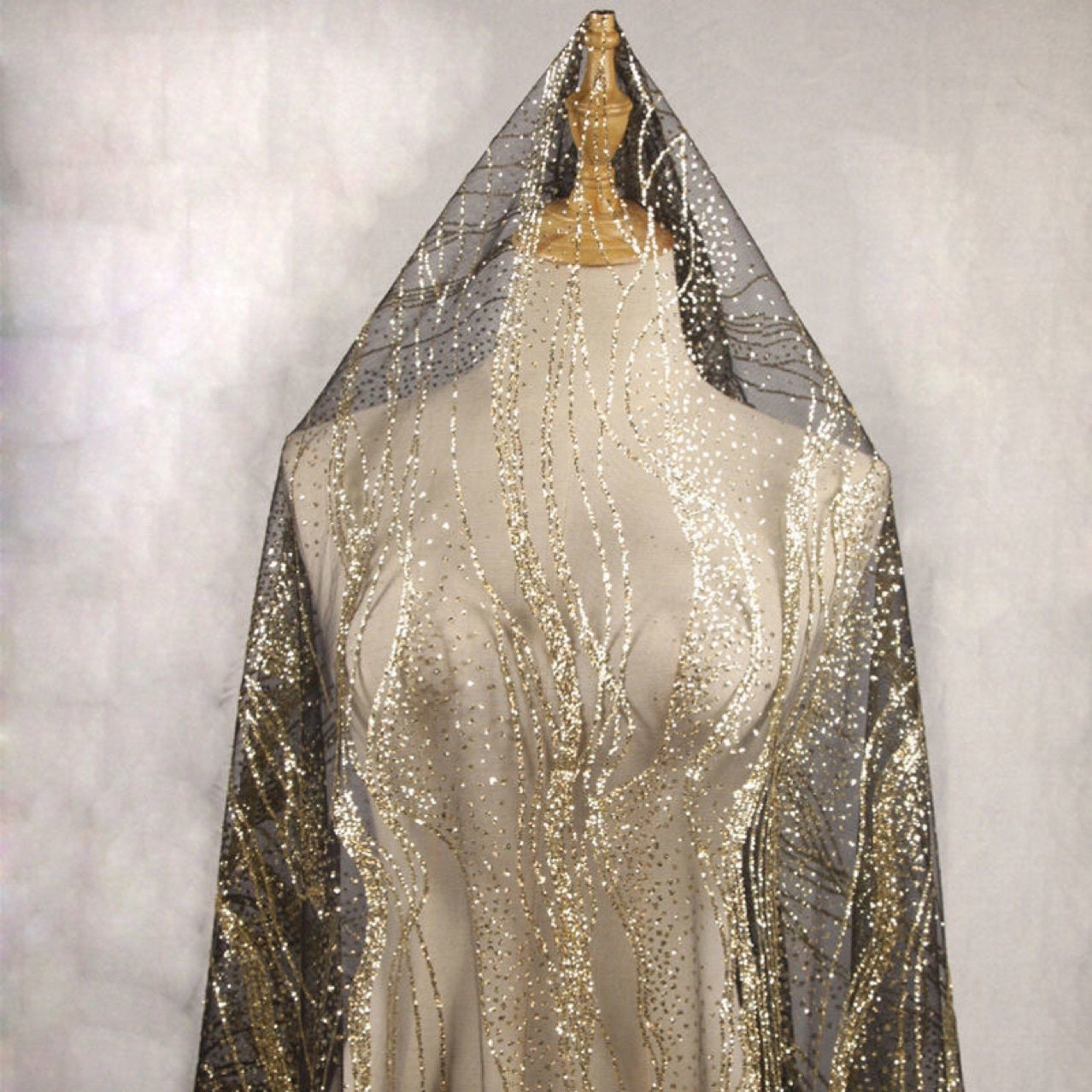 Glitter Mesh Fabric, Silver Geometric Lace for Bridal Veil, 55"W