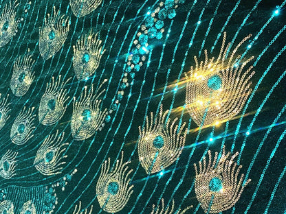 Laser Peacock Sequins Mesh Fabric, Colorful Designer Lace