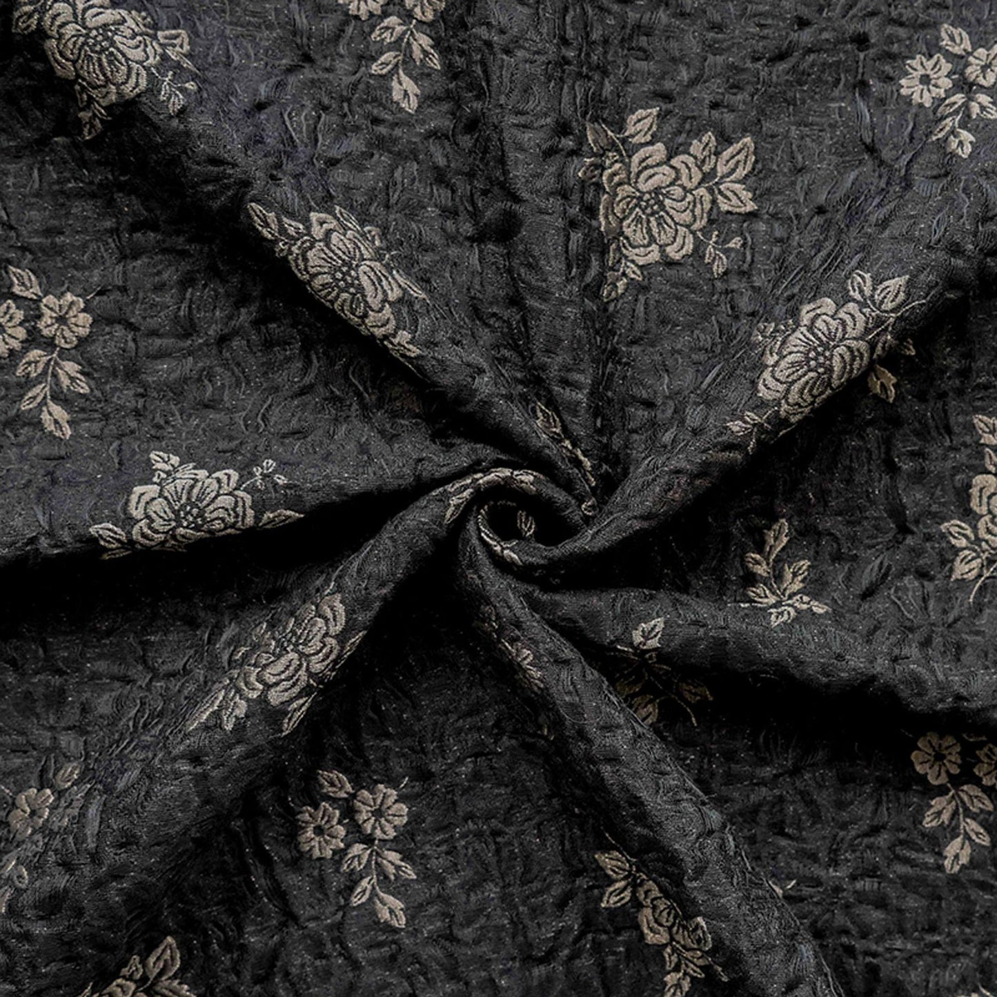 Embossed Jacquard Fabric: Black with Brown Floral Design, 59" Wide