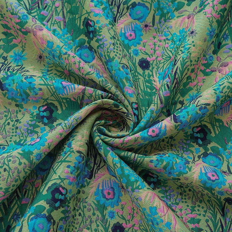 Floral Jacquard Woven Fabric: Reversible 3D Green Flower Pattern, 54"W