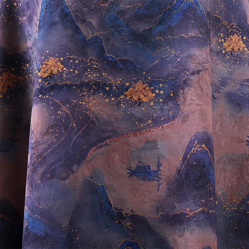 Ancient Painting Tea Silk Satin Fabric: 59"W Digital Print Drapery