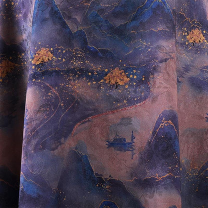 Ancient Painting Tea Silk Satin Fabric: 59"W Digital Print Drapery