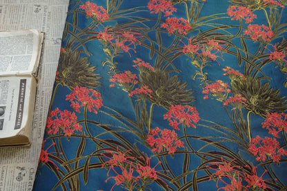 Gold Thread Jacquard Woven Fabric: 3D Teal Floral Embossed Upholstery, Costume, Sewing - 62"W