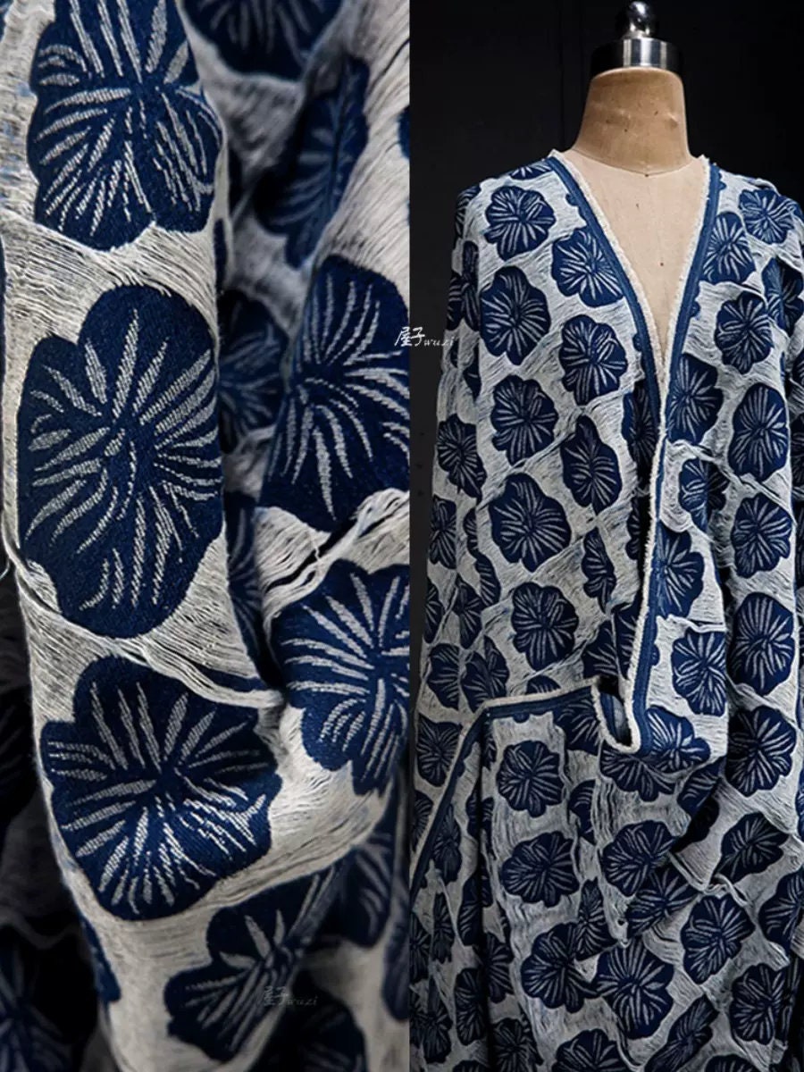 Floral Jacquard Denim Fabric: 3D Cotton Weave, 67" Wide