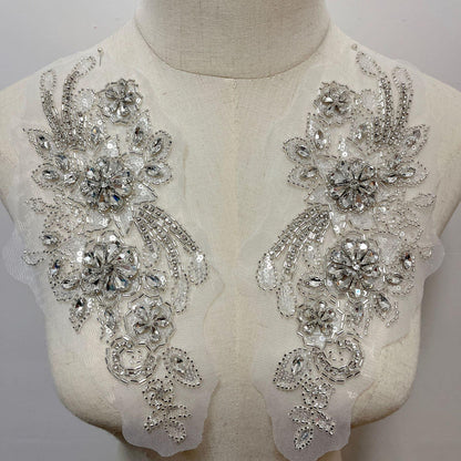 Embroidered Lace Trim: Light Ivory Bridal Applique with Sequins (By Pair)