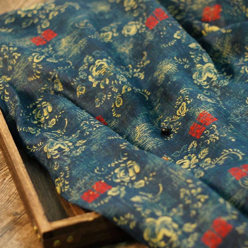 Tissu ramie à imprimé floral turquoise : teinture végétale naturelle (57 po L)