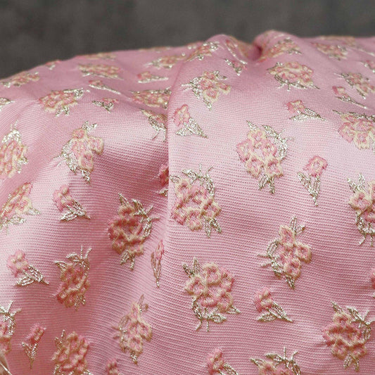 Pink Floral Jacquard Fabric: Gold Thread Brocade, Luxury Dressmaking Fabric