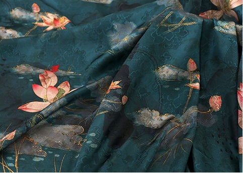 Emerald Satin Fabric: Floral Print, 59" Wide, Sewing & Upholstery