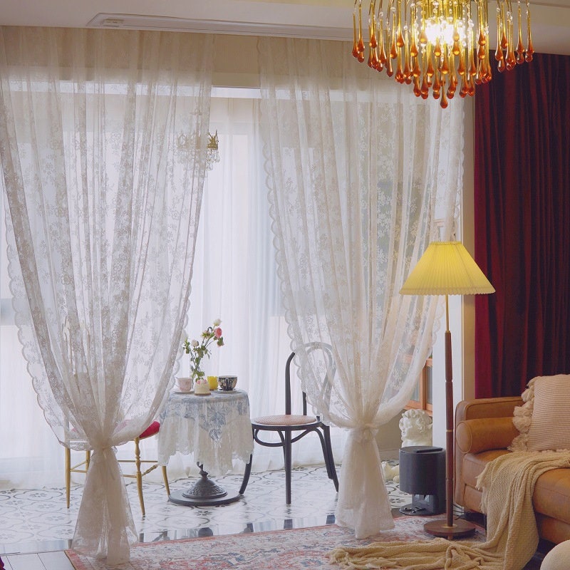 French Lace Curtain Fabric: Rose Wavy Yarn, 110" Height