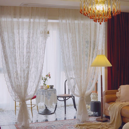 French Lace Curtain Fabric: Rose Wavy Yarn, 110" Height