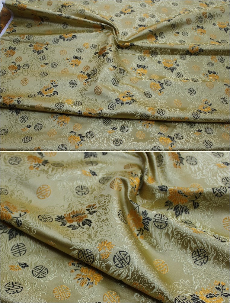 Tissu brocart chinois rouge et or | Motif Fu et Shou, 75 cm de large