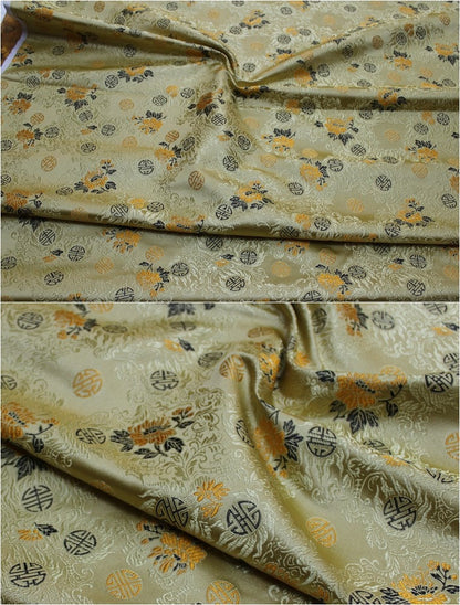 Tissu brocart chinois rouge et or | Motif Fu et Shou, 75 cm de large