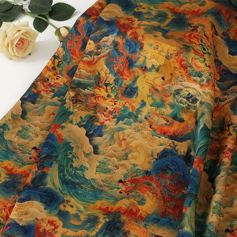 Tea Silk Satin Fabric: Ancient Painting Print, 59" Wide