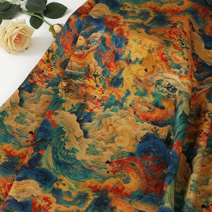 Tea Silk Satin Fabric: Ancient Painting Print, 59" Wide