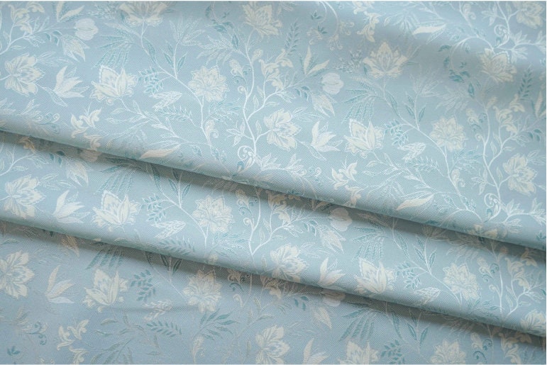 Azure Floral Jacquard Fabric: Reversible Light Blue Woven Upholstery, 64" Wide
