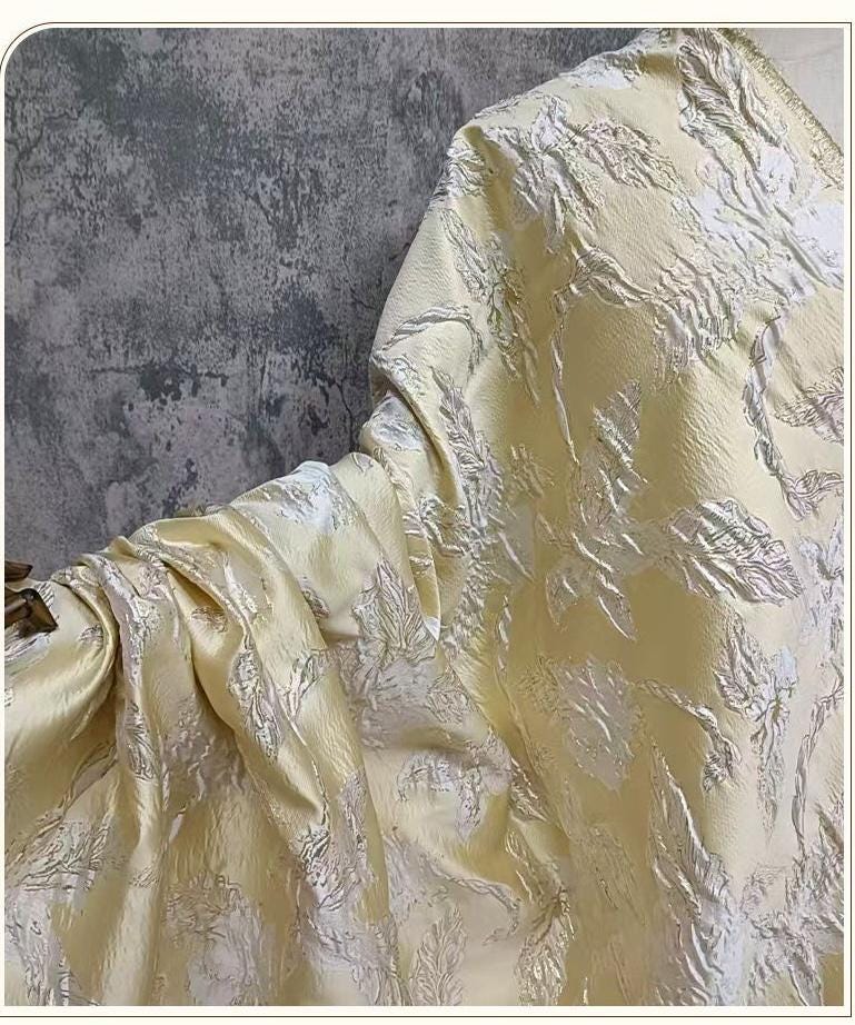 Yellow 3D Embossed Floral Jacquard Metallic Gold Luxury Fabric ��� Textured Brocade for Dress, Home Decor & Craf"Wide
