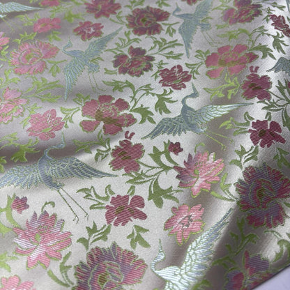 Flower and Cranes Jacquard Satin Brocade Fabric: Antique Cheongsam Sewing, 57"W