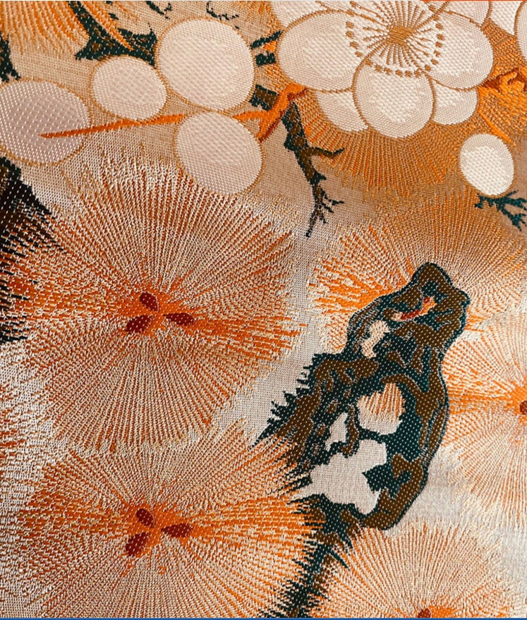 Japanese Nishijin Silk Brocade Fabric: Orange Frangipani Damask (29.5"W)