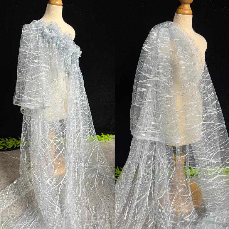 Embroidered Sequin Lace Fabric: Light Blue-Gray Tulle, 59" Wide
