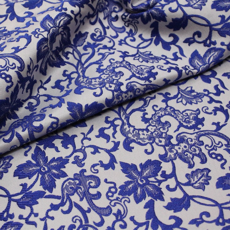 Blue Floral Jacquard Satin Fabric - 59"W Silk Rayon Brocade