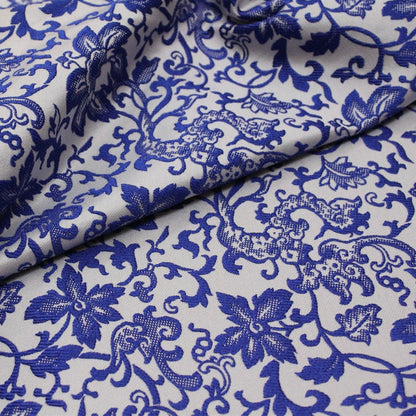 Blue Floral Jacquard Satin Fabric - 59"W Silk Rayon Brocade