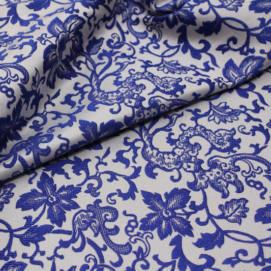 Blue Floral Jacquard Satin Fabric - 59"W Silk Rayon Brocade