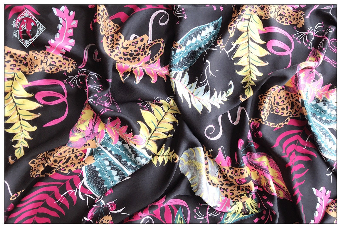 Leopard Print Satin Chiffon Fabric: Black Animal Print, 59" Wide