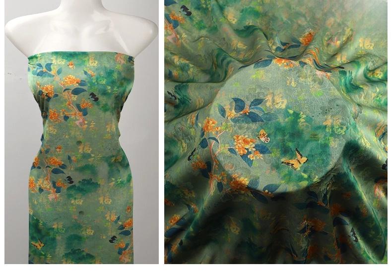 Tissu satiné imprimé à motifs floraux : mélange de rayonne style vintage, 150 cm de large