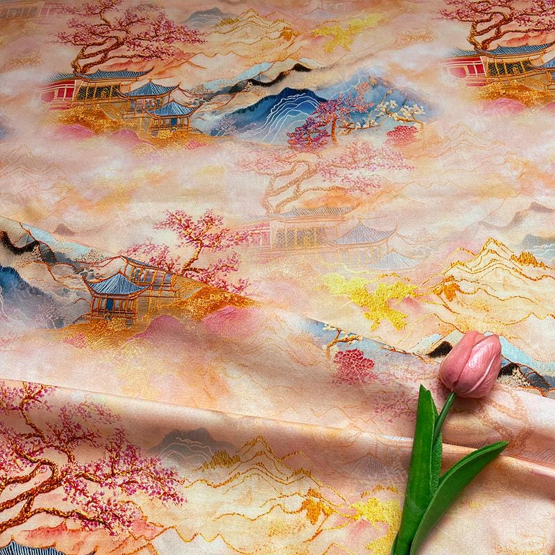 Oriental Landscape Cotton Fabric: Fairy Mountain Palace Print, Quilting Material (55"W)