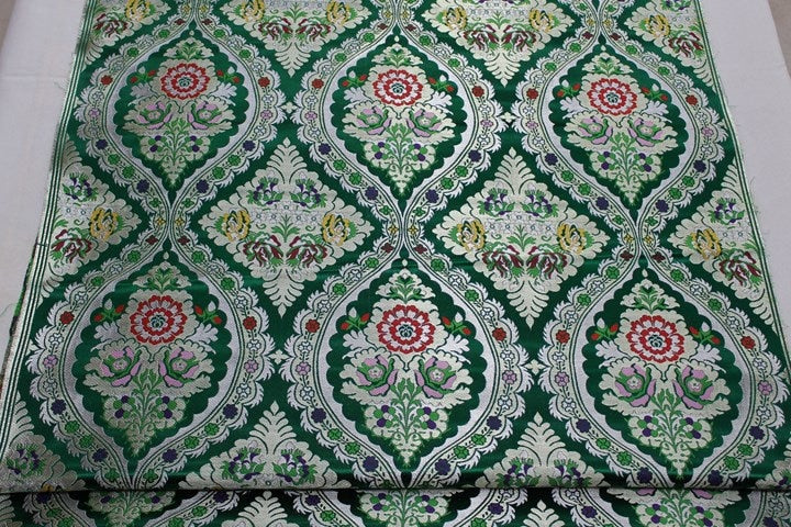 29"W Vintage Tibetan Brocade Fabric: Green Silk Rayon Textile