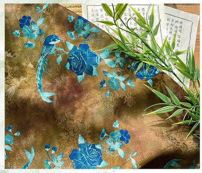 Floral Brocade Fabric ��� Blue Gold Rayon Silk Ble" Wide